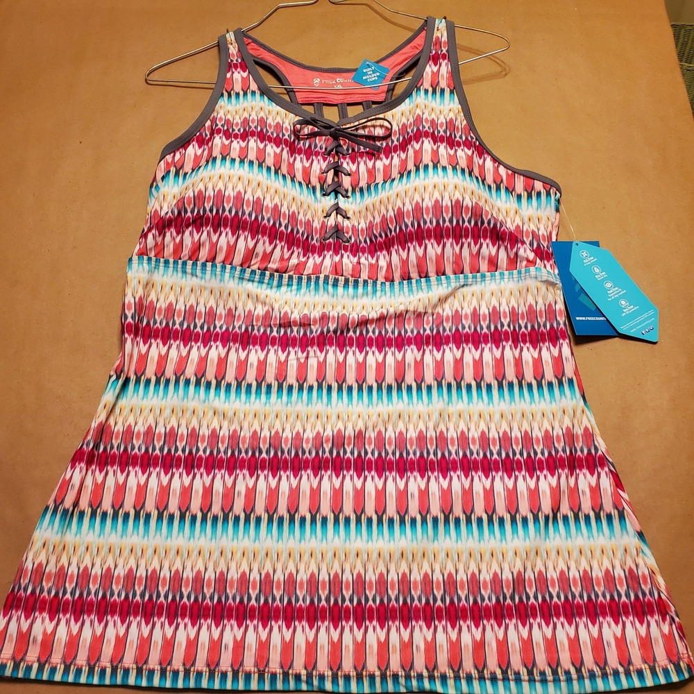 NWT Free Country Swim Tankini Top Womens XXL 18 Pink Lace Up Molded Cups UPF 50+